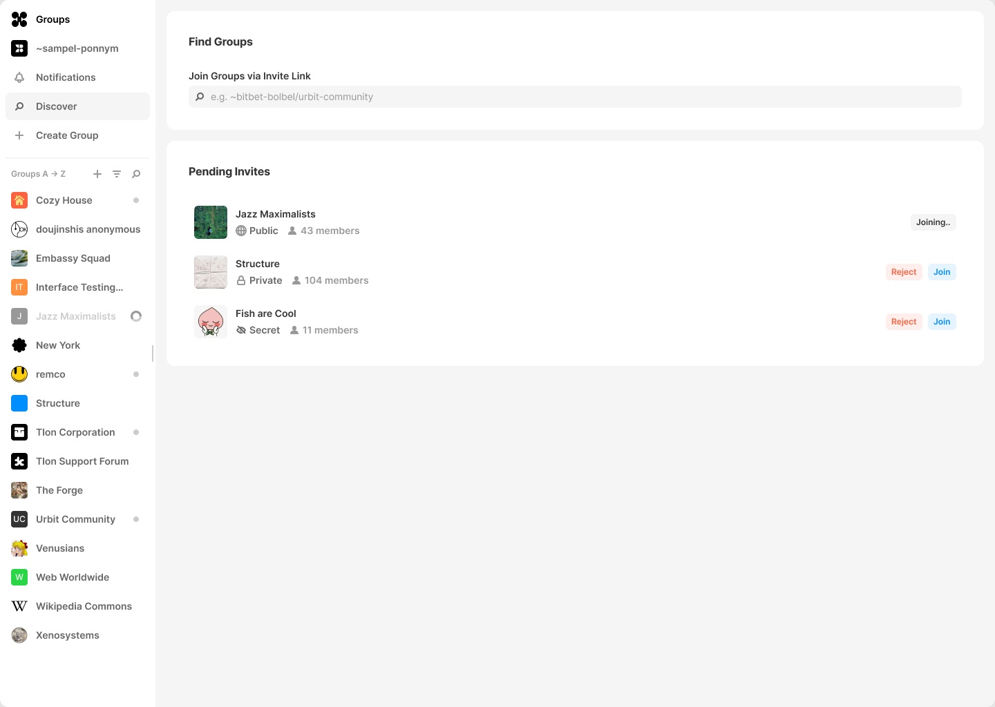Desktop Groups client showing the Find Groups screen with pending invites in three privacy states