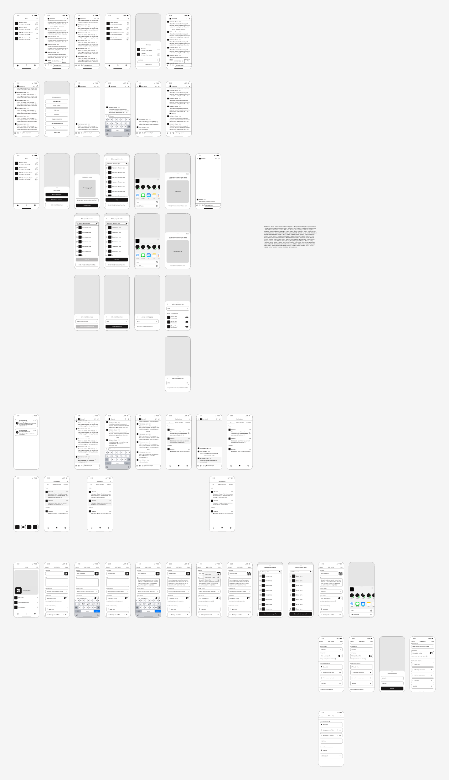 Dozens of grey-box phone wireframes covering channels, group creation, invites, and notifications