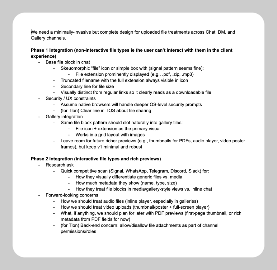 A written design brief for uploaded file treatments, split into a minimal phase one and a research-informed phase two