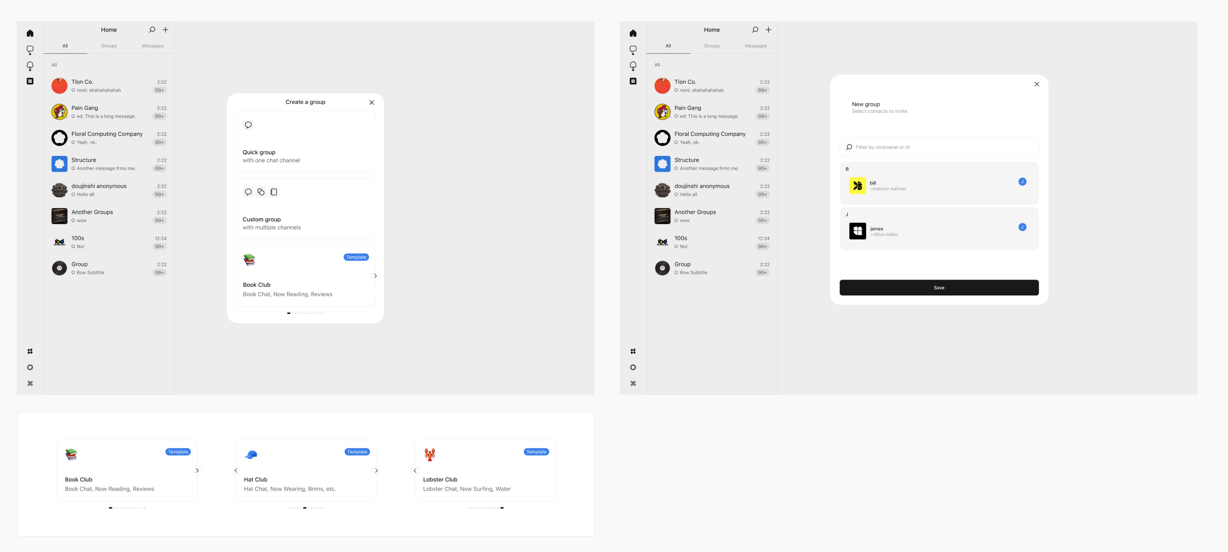 Desktop client mockups of group creation with templates: quick group, custom group, and prefilled templates like Book Club