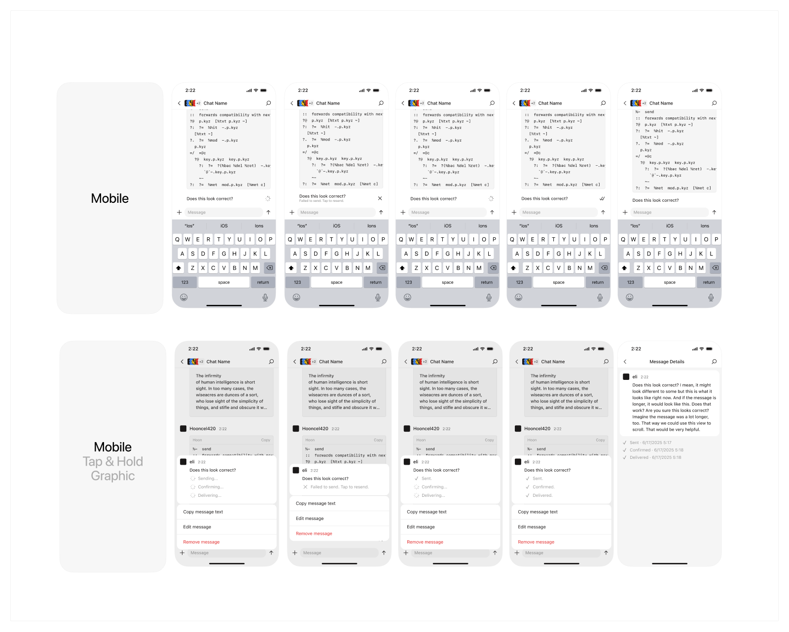 Two rows of phone mockups studying message delivery states: sending, failed to send, confirming, and delivered, shown in the input bar and on tap-and-hold
