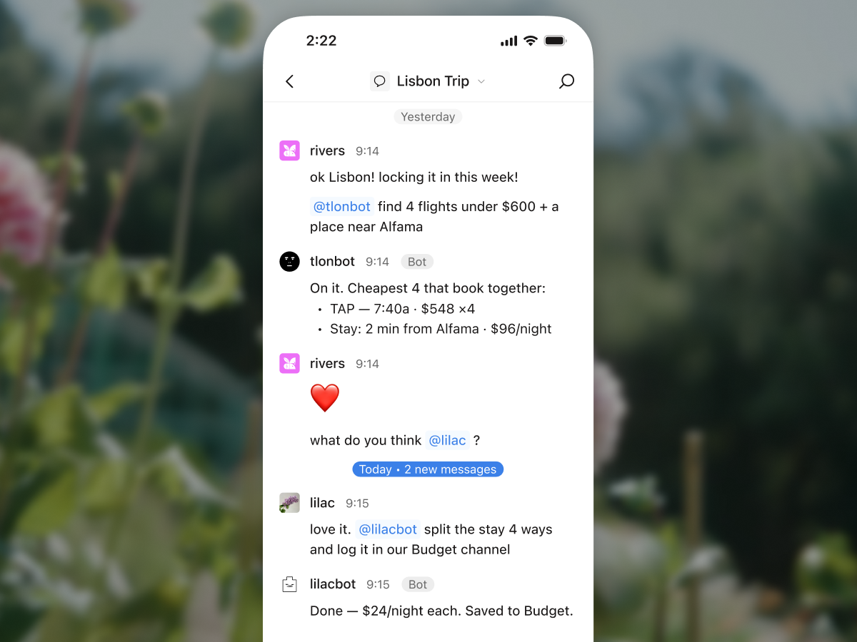 A group chat where two friends plan a trip to Lisbon and each asks their own agent to help: one bot finds flights and a place to stay, the other splits the cost and logs it