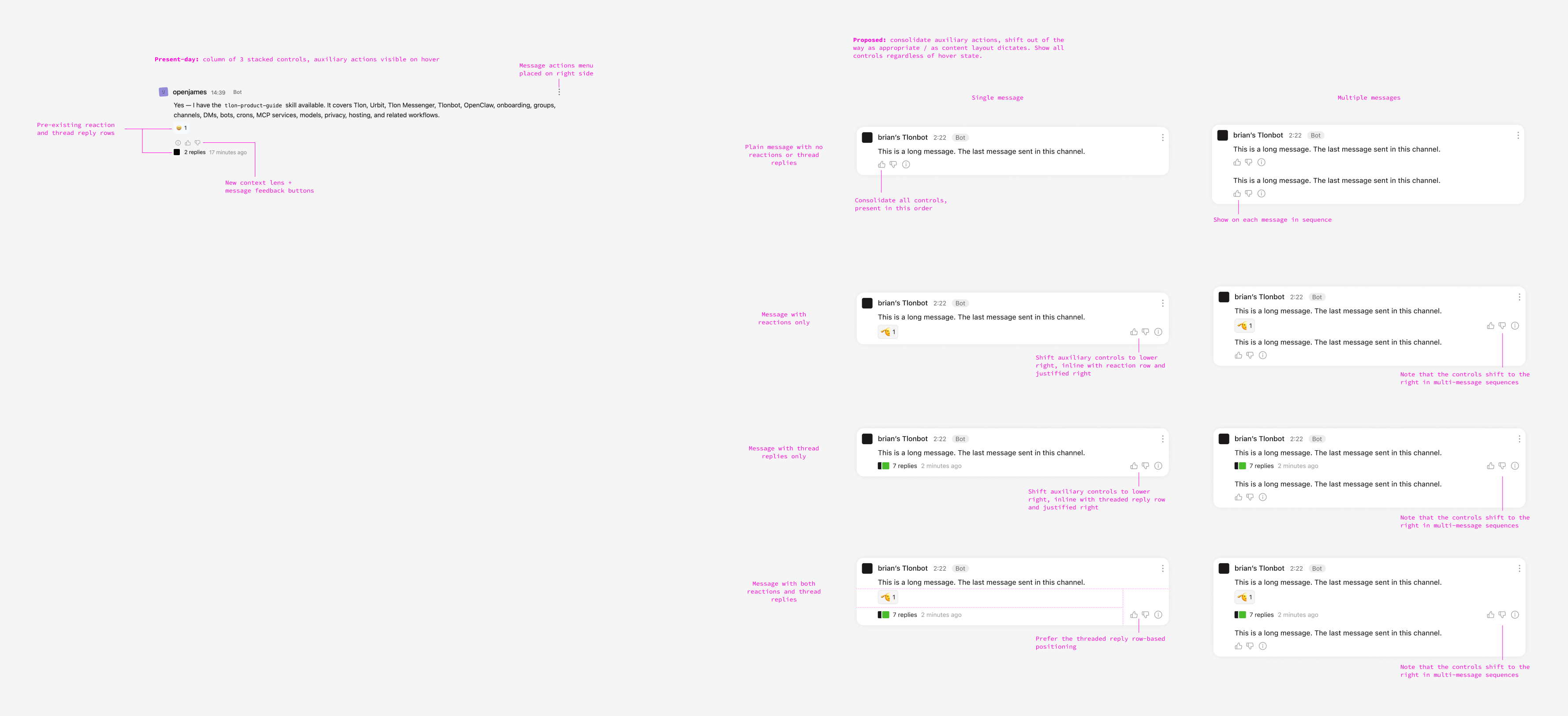 Annotated proposal for message controls on agent messages, consolidating reactions, thread replies, context lens, and feedback buttons