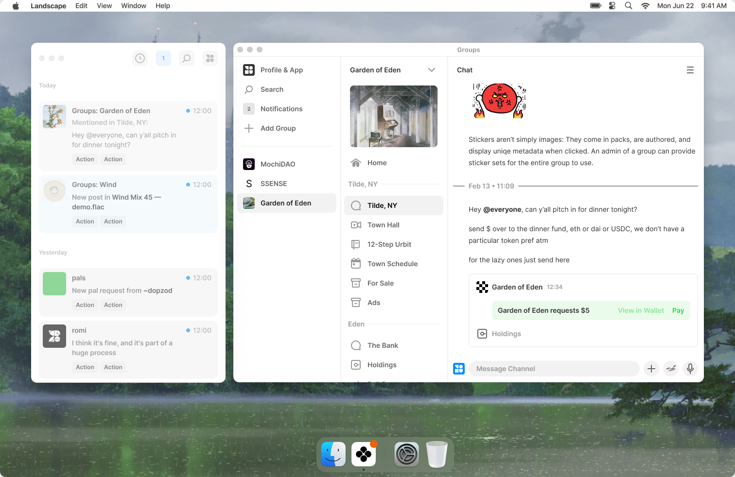 Concept mock of Groups as a desktop environment: a notifications panel, a group with themed channels, chat with sticker packs, and an in-chat payment request